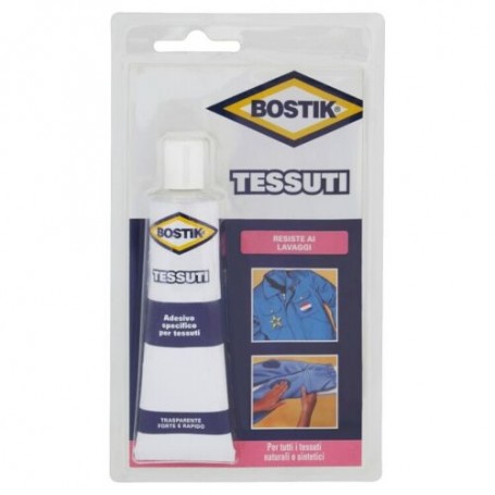 COLLA PER TESSUTI SINTETICI E NATURALI R ESISTENTE AI LAVAGGI TRASPARENTE BOSTIK 50 G